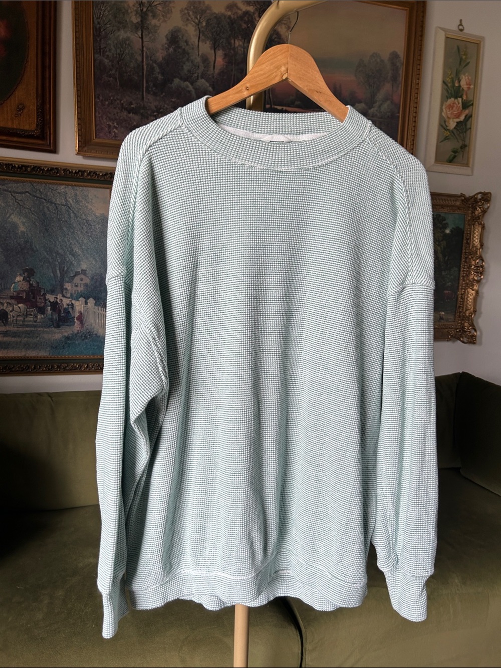 Aerie Crewneck Green and White Waffle Knit Sweater